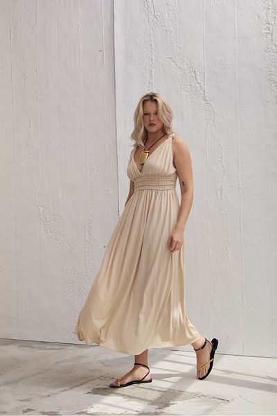 LUOKK Clash Thick Strap Gathered Maxi Dress Beige
