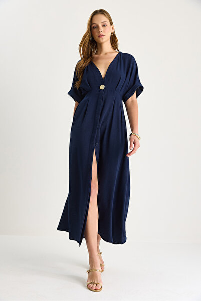 Bianco Lucci Γυναικείο λινό φόρεμα με λαιμόκοψη V με χρυσό κουμπί 5266 60281107