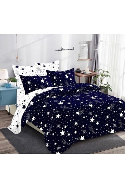 OEM Lenjerie de Pat, Finet, 6 piese, 2 persoane, 230x250cm, Imprimeu Stele, Bleumarin-Alb