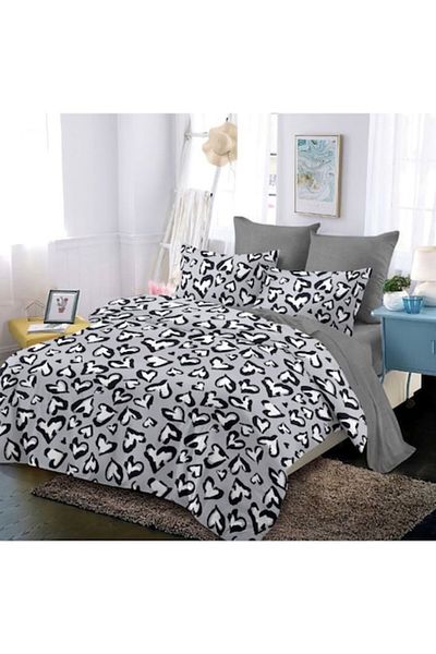 OEM Lenjerie de Pat, Finet, 4 piese, 1 persoana, 160x200cm, Imprimeu Inimi, Gri-Alb