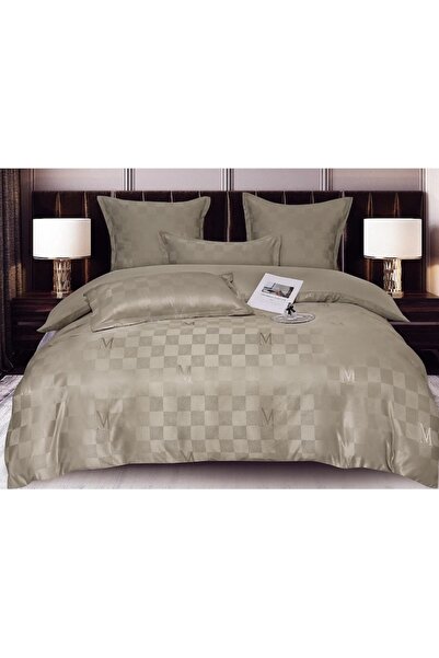 OEM Lenjerie de pat dublu, Jacquard, 6 piese, cu elastic, 180x200 cm, crem, M1