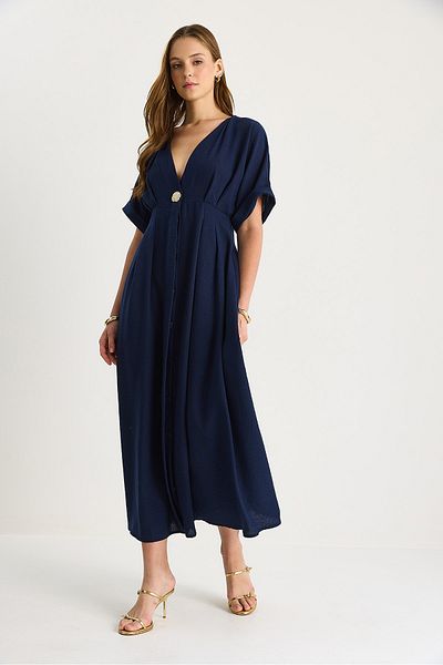 Bianco Lucci Rochie de damă din in, cu decolteu în V, cu detaliu de nasturi aurii 5266 60281107