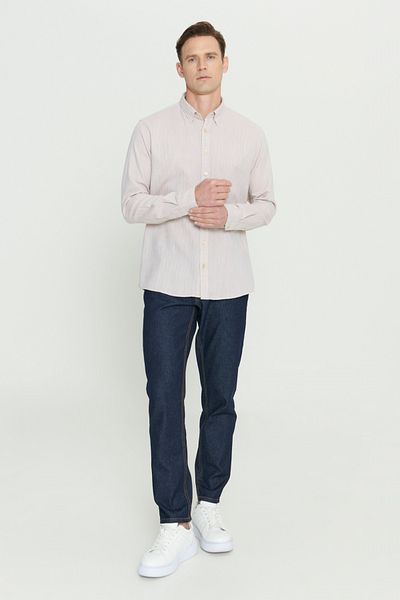AC&Co / Altınyıldız Classics Мъжка бежова риза с удобна кройка и свободна кройка, 100% памучна, с яка със скрити копчета и шарка