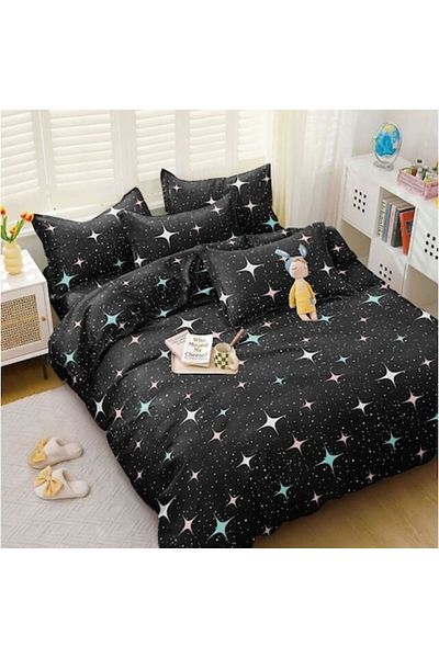 OEM Double Bed Linen, Satin Cotton, 4 Pieces, 2 Persons, 240x250cm, Multicolor Stars Pattern