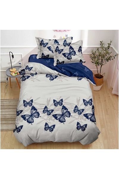 OEM Lenjerie de Pat, Finet Satinat, 1 Persoana, 150x220 cm, 4 Piese, Imprimeu Fluturi, Gri-Bleumarin