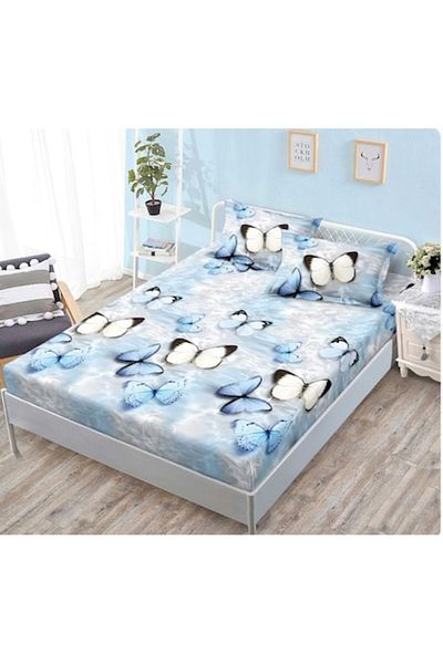 OEM Bed Sheet, 2 persons, 160x200 cm, butterfly print white-blue, multicolor