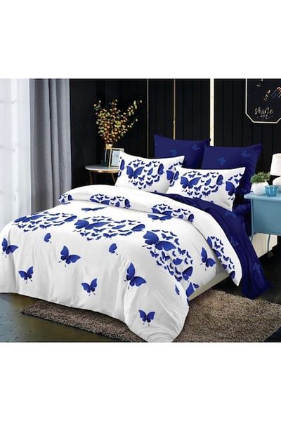 OEM Lenjerie de Pat, Finet, 4 piese, 1 persoana, 160x200cm, Imprimeu Fluturi, Alb-Albastru