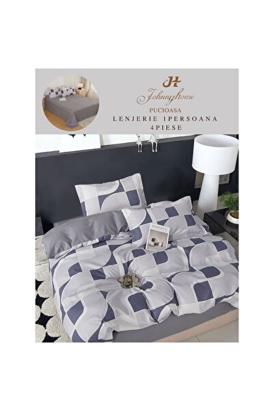 OEM Lenjerie pat, Imprimeu Abstract, 4 piese, 1 persoana, 155x220cm, Finet Satinat, Gri-Bleumarin