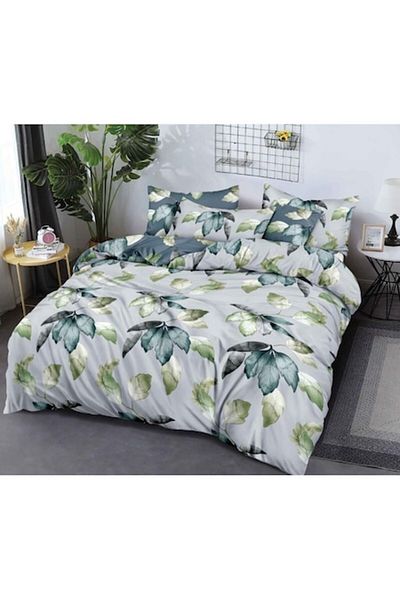 OEM Double Bed Linen Set, 6 Pieces, 2 Persons, 180x200cm, Finet, Leaf Print, Duck Egg Green