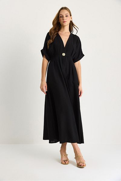 Bianco Lucci Rochie de damă din in, cu decolteu în V, cu detaliu de nasturi aurii 5266 60281107