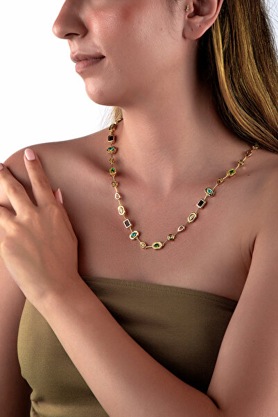 innuendo jewelery Geometric Necklace with Colored Stones in Gold Color