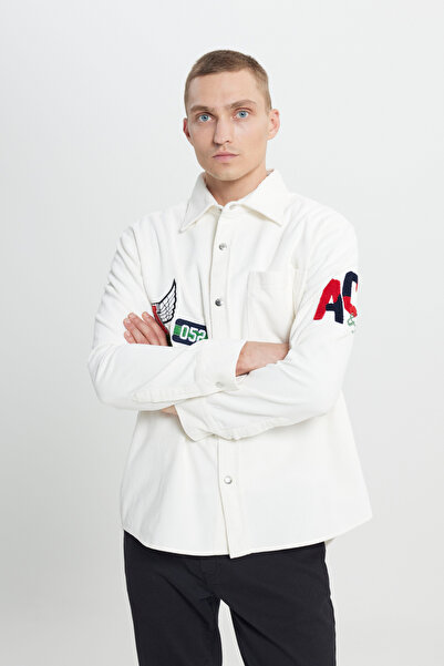 AC&Co / Altınyıldız Classics Erkek Ekru Oversize Fit Bol Kesim Klasik Yaka Kareli Gömlek