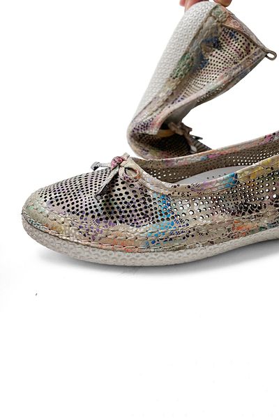 RABU Beige Women's Genuine Leather Color Printed Orthopedic Bow Perforated Ballerinas