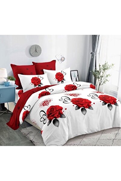 OEM Lenjerie de Pat, Finet, 6 piese, 2 persoane, 230x250cm, Imprimeu Trandafiri Rosi, Alb-Rosu