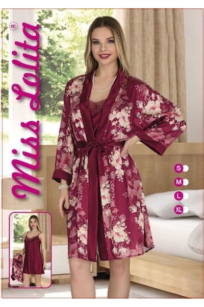 coshop Pijama dama satin Miss Lolita, imprimeu floral Grena, 2 piese, XL