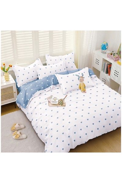 OEM Lenjerie de pat dublă, bumbac satinat, 4 piese, model cu inimioare, alb-albastru