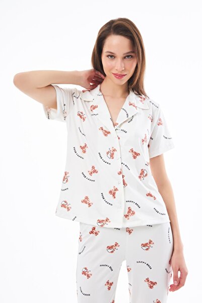 Cottonhill Premium Kadın Pijama Takımı Ayıcık Desenli Yumuşak Dokulu Kısa Kollu Gömlek Yaka