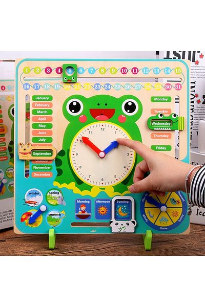 divendi-ro Calendar and clock for children 3 years +, frog model, made of wood and plastic, multicolor