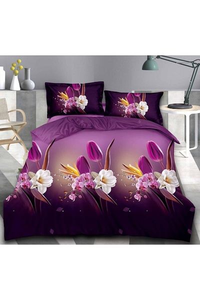 OEM Double Bed Linen Set, Tulip Print, 4 Pieces, 2 Persons, 240x250cm, Satin Cotton, Multicolor