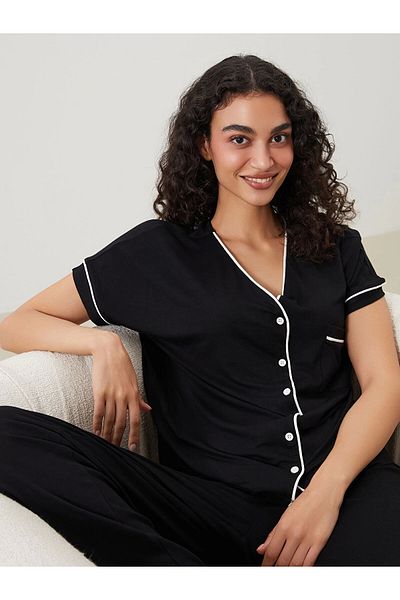 LC Waikiki Costum de pijama pentru femei LCW DREAM negru cu decolteu în V