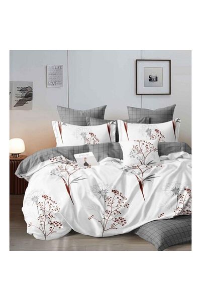 OEM Double Bed Linen, Reversible Sheet, 6 Pieces, Floral Print, 2 Persons, 230x245cm, Finet, White-Grey