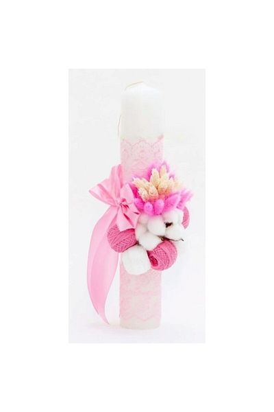 OEM Lumanare de botez, Flori Uscate si Bumbac, 35x5cm, Roz-Alb