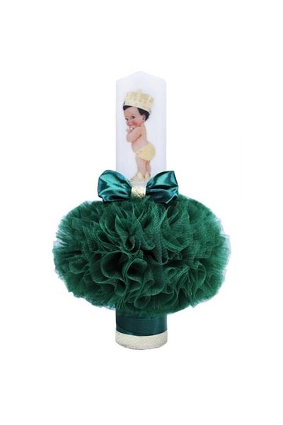 OEM Lumânare de botez, tul, imprimeu cu bebeluși, 35x7cm, verde smarald