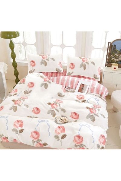 OEM Lenjerie pat, Imprimeu Bujori, 4 piese, 1 persoana, 155x220cm, Finet Satinat, Alb-Corai