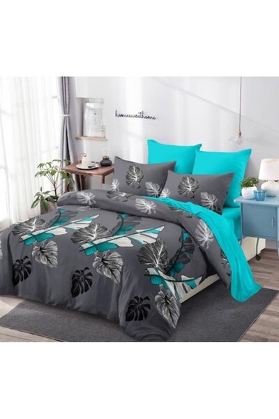 OEM Lenjerie de pat dublă, imprimeu cu frunze, reversibilă, 6 piese, Finet, m...