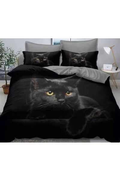 OEM Double bed linen set, 230x250 cm, 6 pieces, 2 persons, 3D, finet, black cat print, black