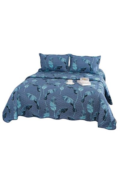 OEM Cuvertură de pat, microfibră, 3 piese, pentru 2 persoane, 220x240cm, imprimeu cu frunze, albastru-bleumarin