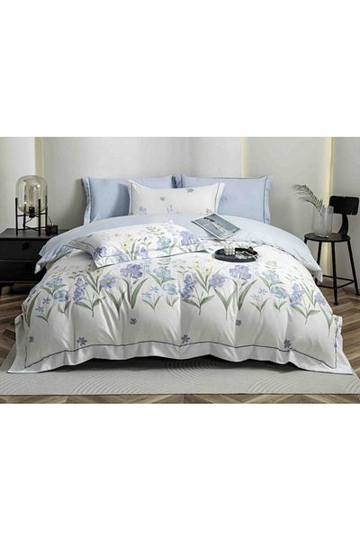OEM Set de lenjerie de pat de lux, Jojo Home, bumbac fin, 6 piese, 2 persoane, 180x200cm, imprimeu floral, alb-albastru