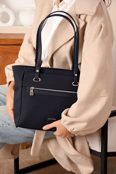 Just Polo Women's Large Size Water Resistant Lacoste Fabric 3 Compartment Navy Blue Hand and Shoulder Bag Pbu2170