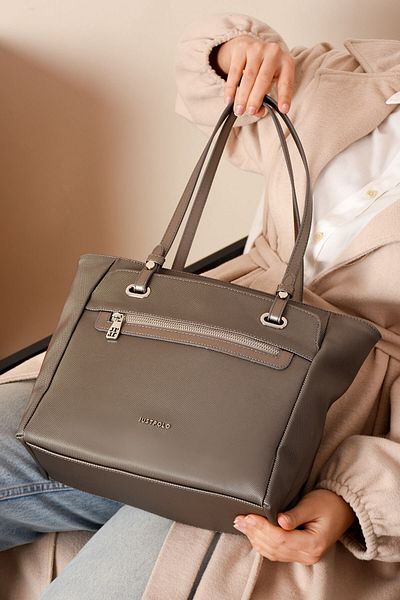 Just Polo Women's Large Size Water Resistant Lakoste Fabric 3 Compartment Gray Hand and Shoulder Bag Pbu2170