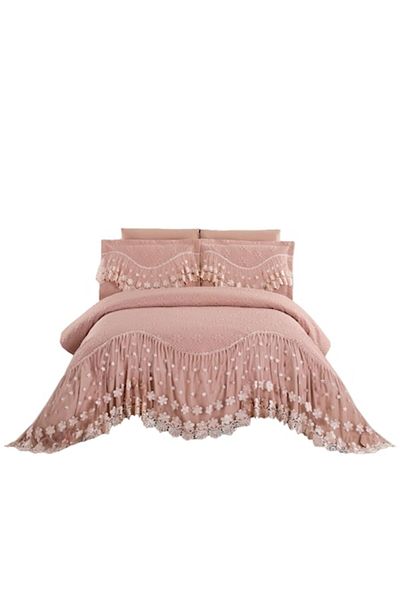 JOJO HOME Cuvertura si 2 fete de perna, cu Volanase Brodate, 2 persoane, 3 piese, 220X280cm, Somon