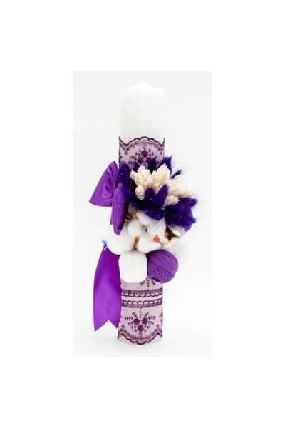 OEM Lumânare de botez cu flori uscate și bumbac, 35x5cm, violet-alb