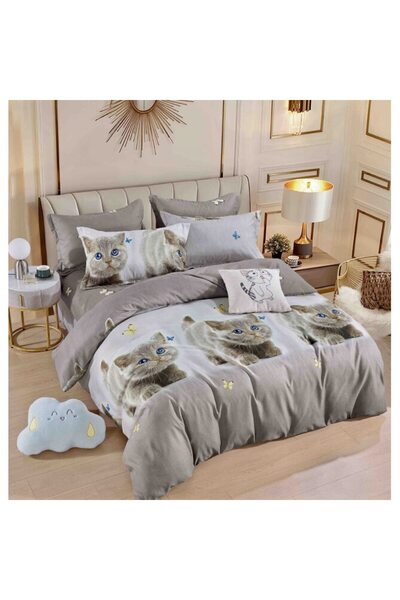 JOJO HOME Double bed sheet with elastic, cat, 6 pieces, 2 persons, 180x200cm, superior finish,