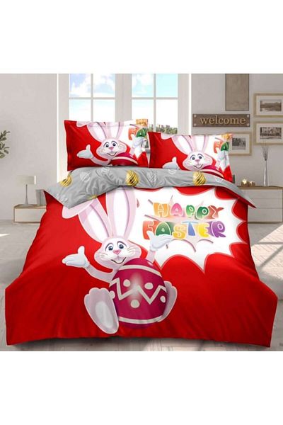 OEM Lenjerie de pat, Finet, 4 piese, 2 persoane, 230x250cm, Imprimeu Happy Easter M18, Multicolor