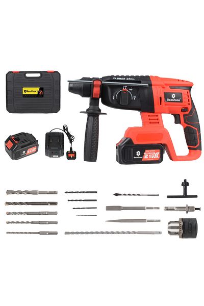GearZone Cordless Electric Hammer Drill, High Power, for Concrete & Wood Drilling, With 2pc Batteries-Red