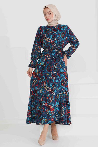 TOFİSA Patterned Belted Dress Navy Blue - 27472