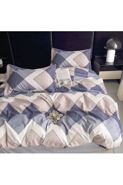 OEM Lenjerie pat, Imprimeu Abstract, 4 piese, 1 persoana, 155x220cm, Finet Satinat, Bleumarin-Bej