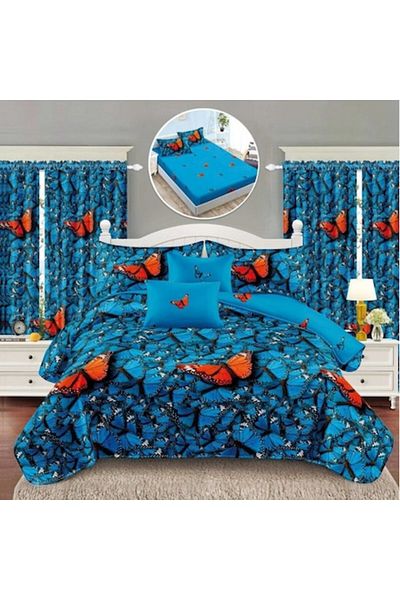 OEM Bed Linen and Curtains Set, 8 Pieces, Elastic Sheet, Double, Elegant Finet, Butterfly Print, Turquoi