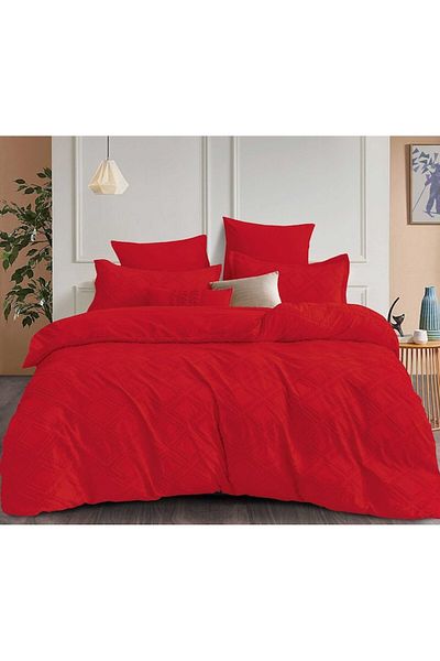 Pucioasa Lenjerie de pat dublă, catifea Jacquard Grofat Lux M4, Pucioasa, 6 piese, 2 persoane, Uni, 245x250cm, Roșu
