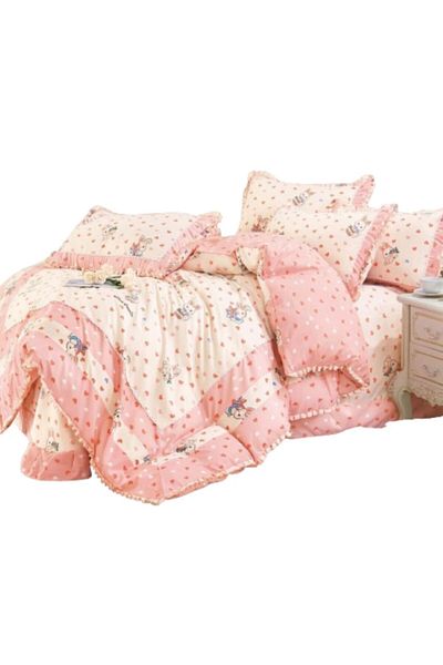 OEM Luxury Bedding Set with Ruffled Border, Finet, 4 Pieces, Double, 230x250cm, Heart Print, Multicolor