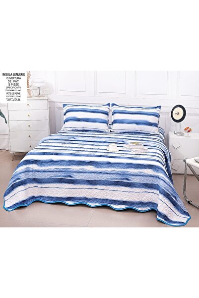 OEM Bedspread, Microfiber, 3 pieces, 2 persons, 220x240cm, Stripes Print, White-Blue
