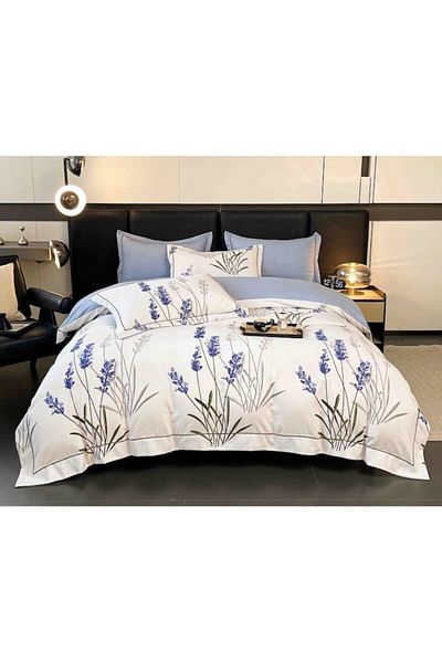 OEM Luxury Bedding Set, Jojo Home, Fine Cotton, 6 Pieces, Lavender Print, White-Lilac