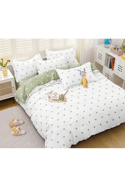 OEM Bed Linen, Elastic Sheet, Satin Cotton, Double, 4 Pieces, Heart Print, 180x200cm, White-Duck Egg