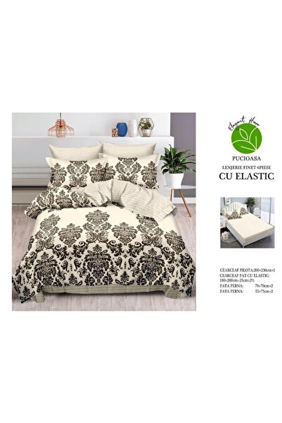 OEM Double bed linen set, lace, 6 pieces, 2 persons, 180x200cm, fine satin, beige shades