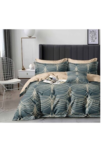 OEM Lenjerie de pat dublu, 6 piese, 2 persoane 180x200 cm, imprimeu dungi, mu...