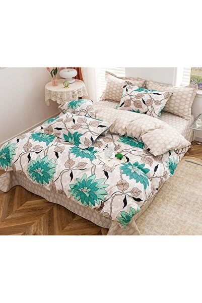 OEM Double Bed Linen Set, Turquoise Floral Print, 4 Pieces, 180x200cm, Satin Cotton, Beige-Turquoise